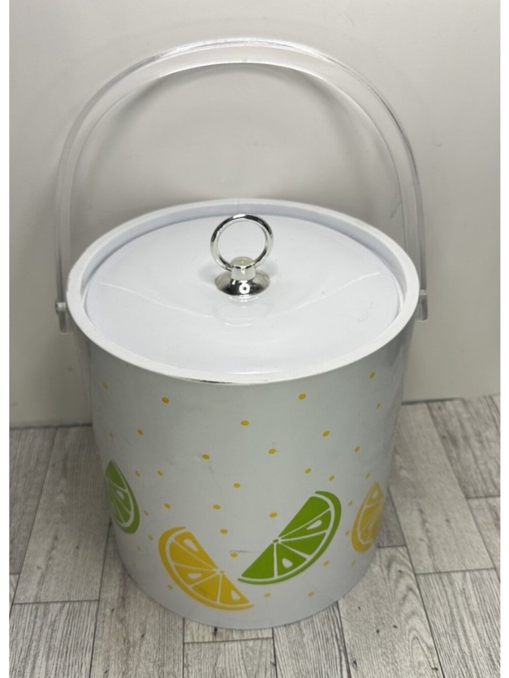 Vintage Vinyl Lemons & Limes Ice Bucket White Green & Yellow Acrylic Handle